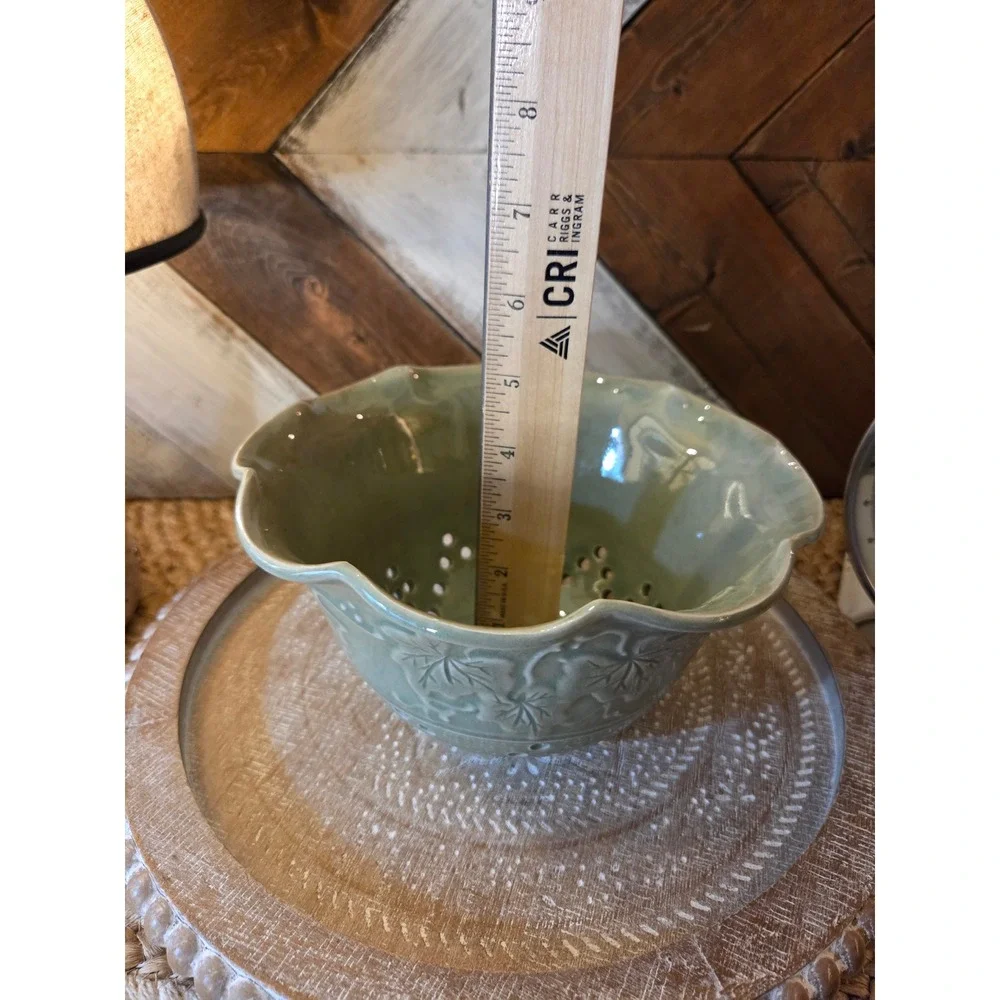 Ceramic Berry Bowl Colander Celadon Green Ivy Butterfly Scalloped Fruit Strainer